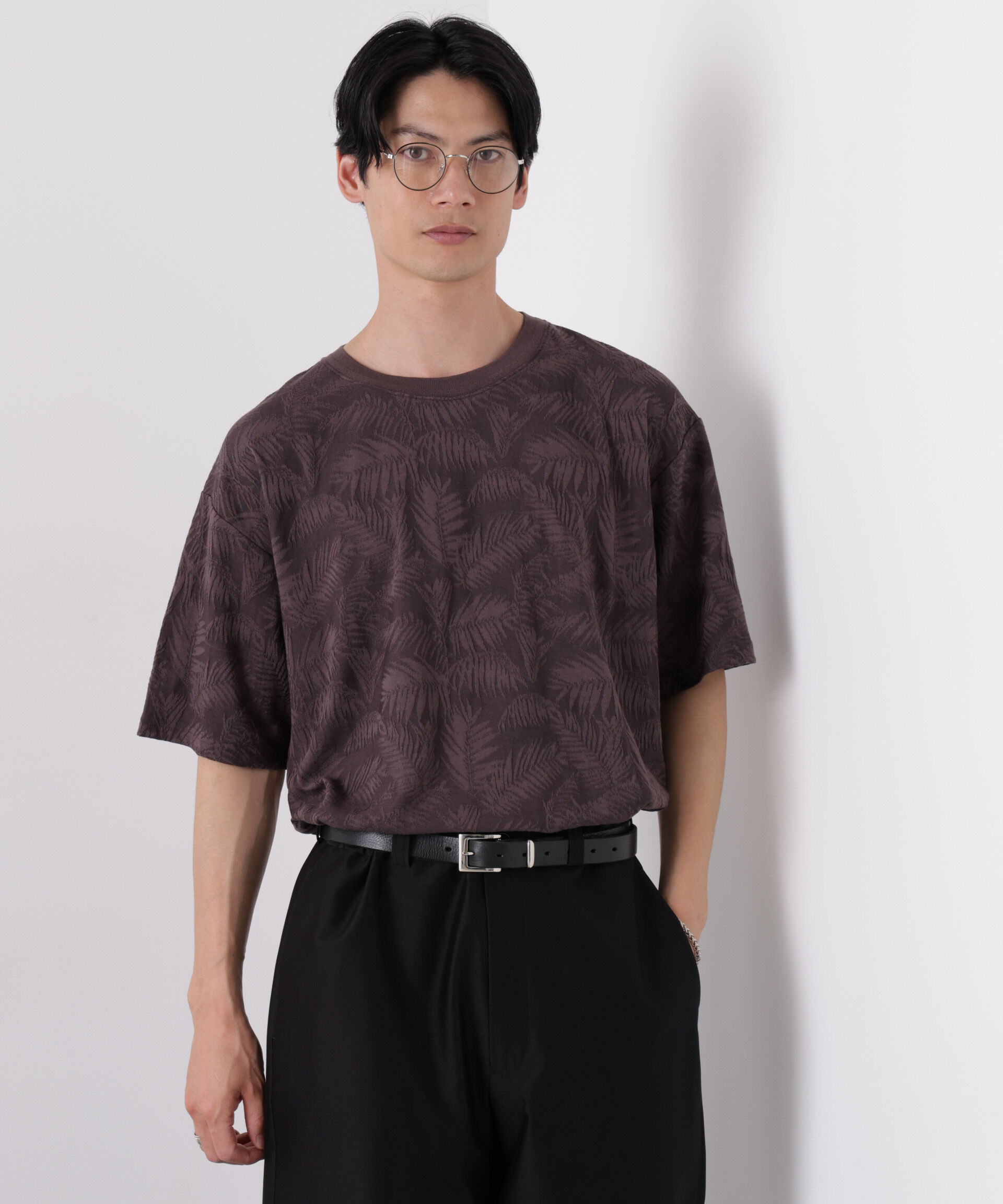 NANO universe「リンクスジャガードリーフ柄Tシャツ」|Tシャツ・カットソー|ボルドー3