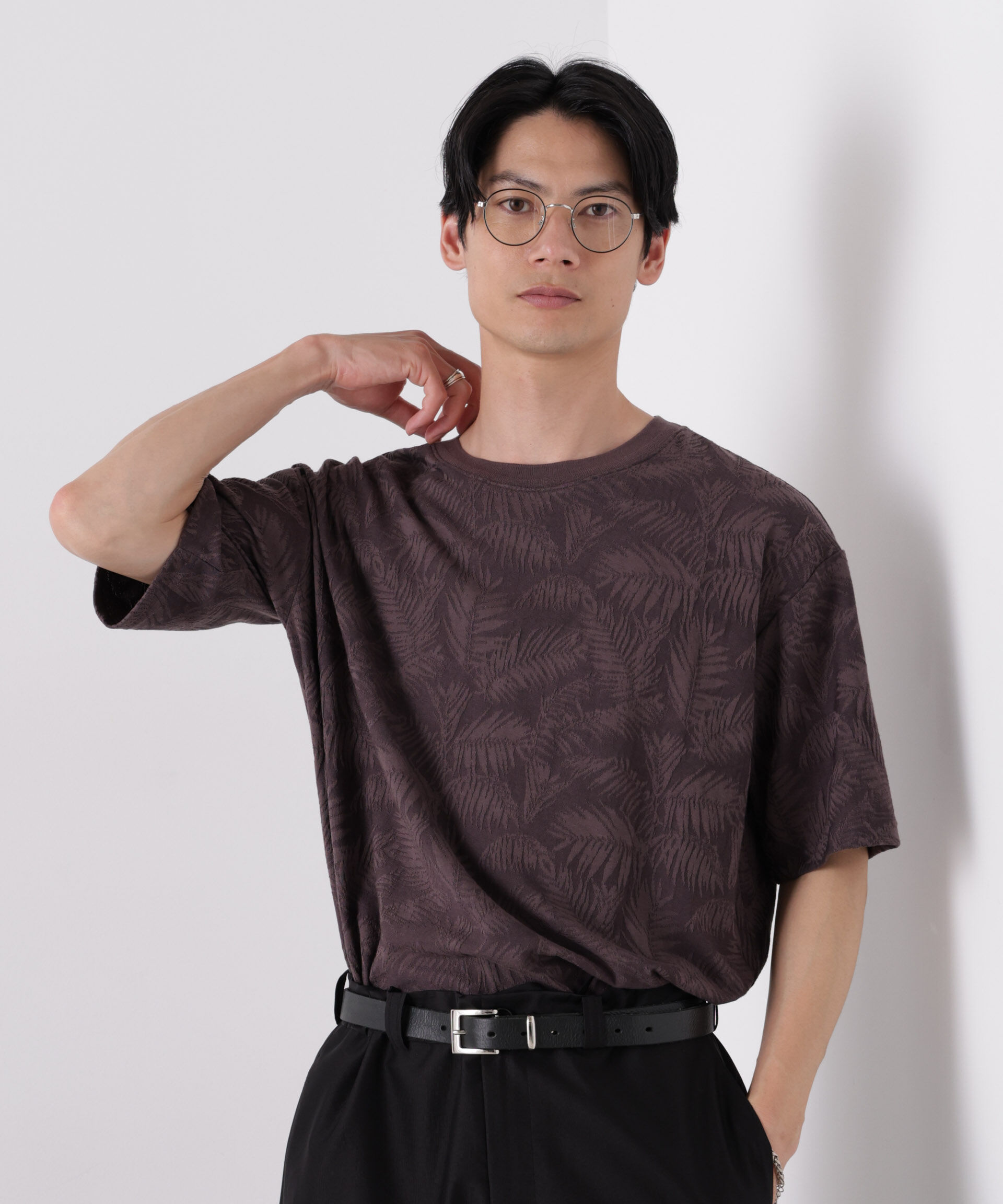 NANO universe「リンクスジャガードリーフ柄Tシャツ」|Tシャツ・カットソー|