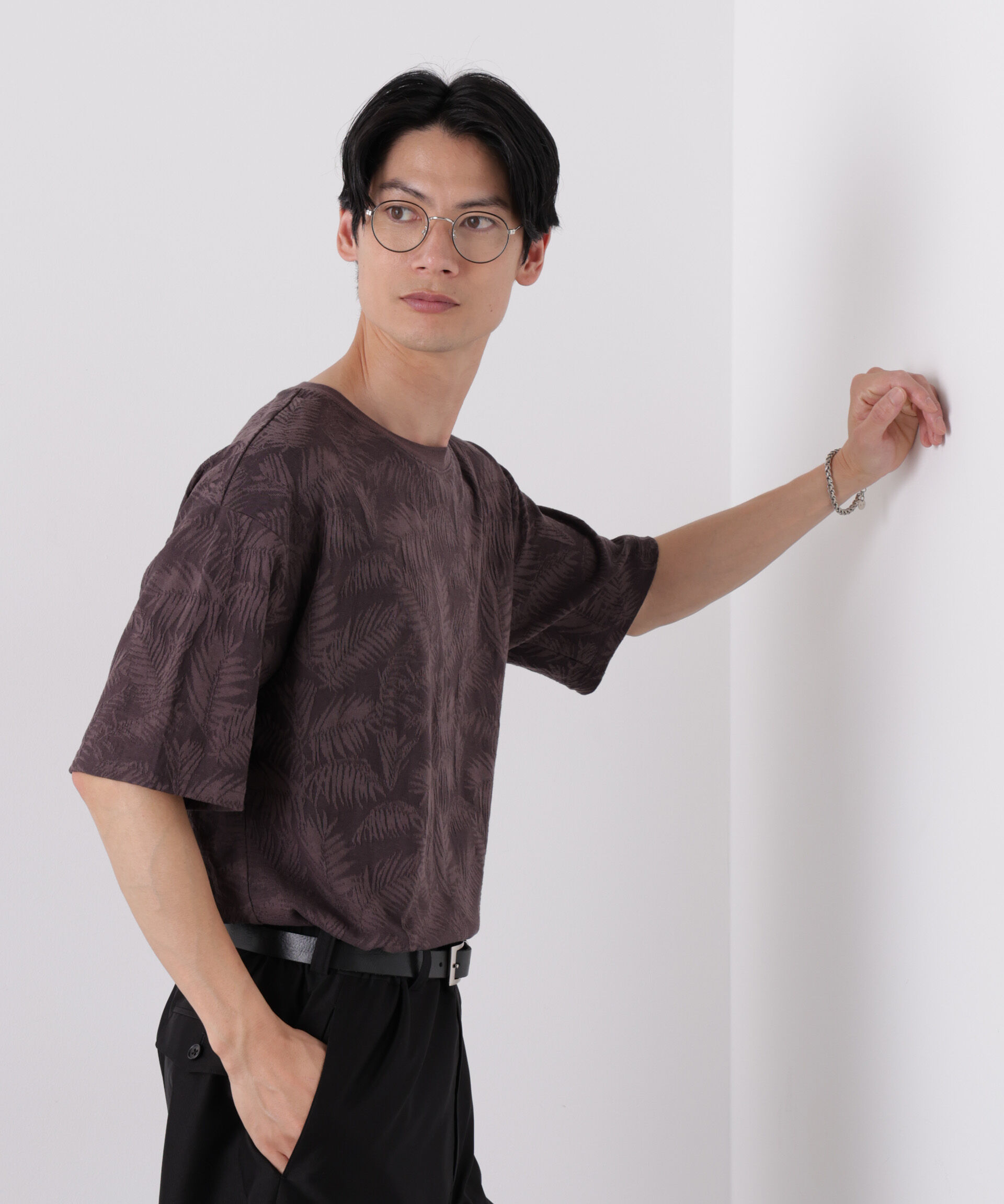 NANO universe「リンクスジャガードリーフ柄Tシャツ」|Tシャツ・カットソー|
