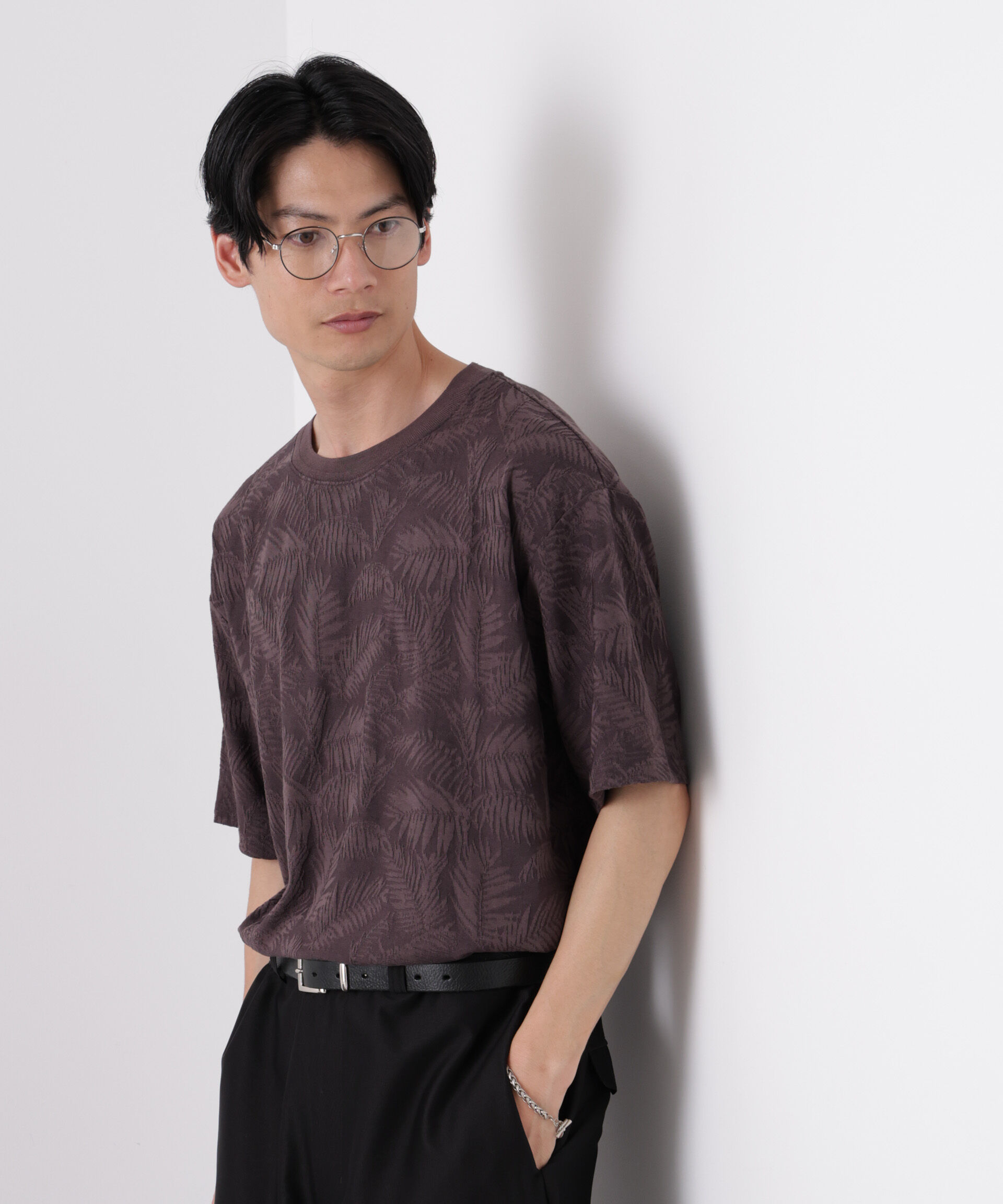 NANO universe「リンクスジャガードリーフ柄Tシャツ」|Tシャツ・カットソー|
