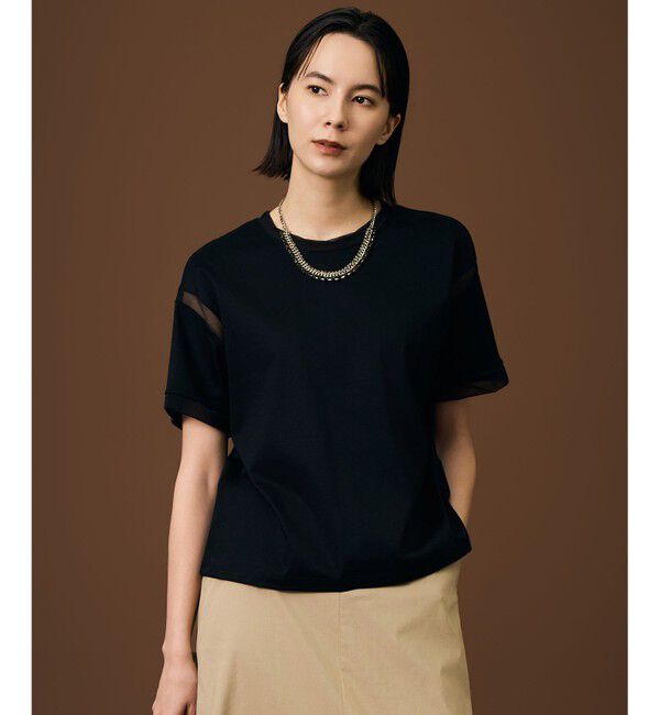 自由区「【汗ジミ防止】ナチュラルコットンハイゲージシアーアクセント Tシャツ」|Tシャツ・カットソー|ブラック
