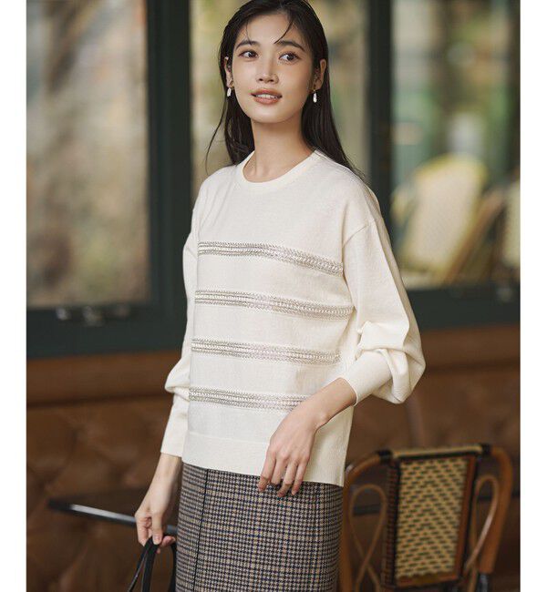 23区「【WEB&一部店舗限定/滝沢眞規子さん着用】ビジューボーダー ニット」|ニット・セーター|ホワイト系