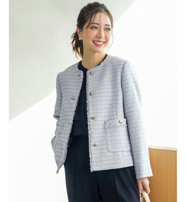 ANY SIS「ノーカラーフリンジツイード ジャケット」|ノーカラージャケット|ﾌﾞﾙｰｸﾞ