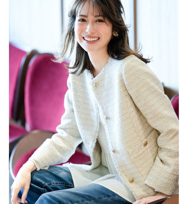 ANY SIS「ノーカラーフリンジツイード ジャケット」|ノーカラージャケット|
