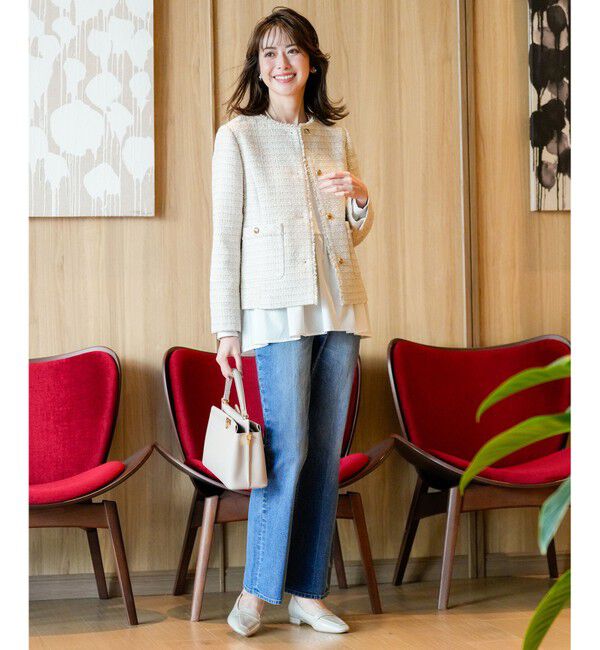 ANY SIS「ノーカラーフリンジツイード ジャケット」|ノーカラージャケット|