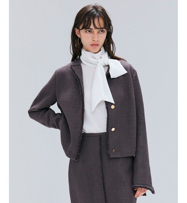BEIGE,「【Oggi 10月号掲載】MULLIN / ウールツイードメタルボタンノーカラージャケット」|ノーカラージャケット|Warm Gray