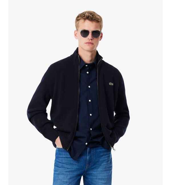 LACOSTE「ハイネックフルジップ ウールニットセーター / ドライバーズニット」|ニット・セーター|ネイビー