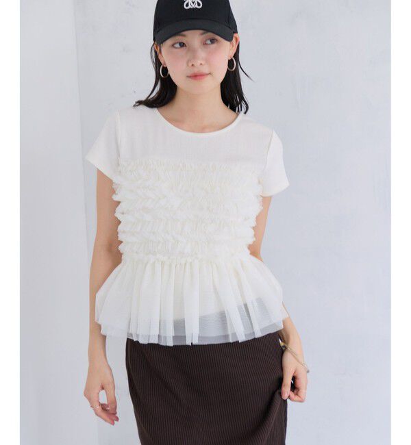 VIS「【夏トク価格】チュールフリルドッキングフレンチスリーブ/UVケア」|Tシャツ・カットソー|