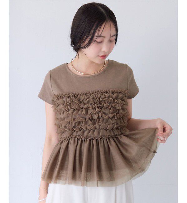 VIS「【夏トク価格】チュールフリルドッキングフレンチスリーブ/UVケア」|Tシャツ・カットソー|
