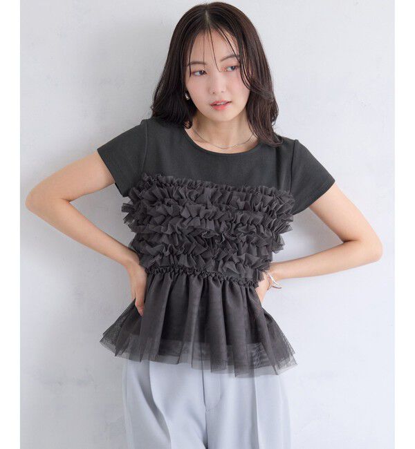 VIS「【夏トク価格】チュールフリルドッキングフレンチスリーブ/UVケア」|Tシャツ・カットソー|