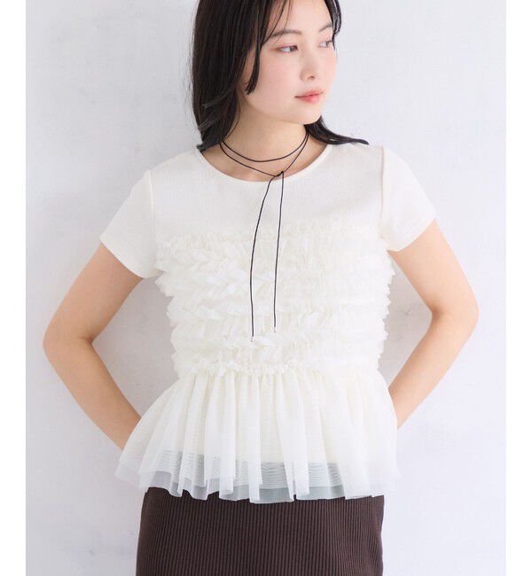 VIS「【夏トク価格】チュールフリルドッキングフレンチスリーブ/UVケア」|Tシャツ・カットソー|