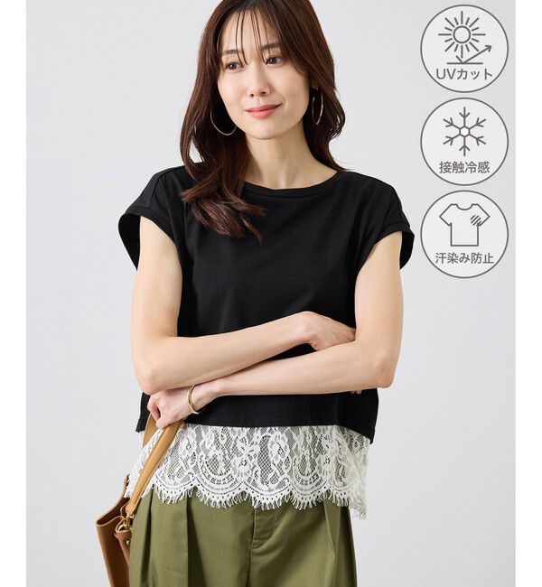 Rope&rsquo;Picnic「レースドッキングフレンチスリーブトップス/UVカット・接触冷感・汗染み防止」|Tシャツ・カットソー|ブラック(01)