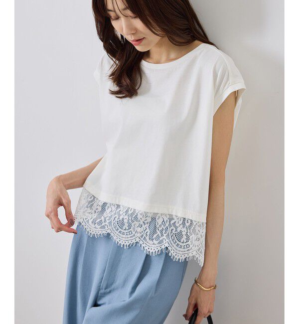 Rope&rsquo;Picnic「レースドッキングフレンチスリーブトップス/UVカット・接触冷感・汗染み防止」|Tシャツ・カットソー|