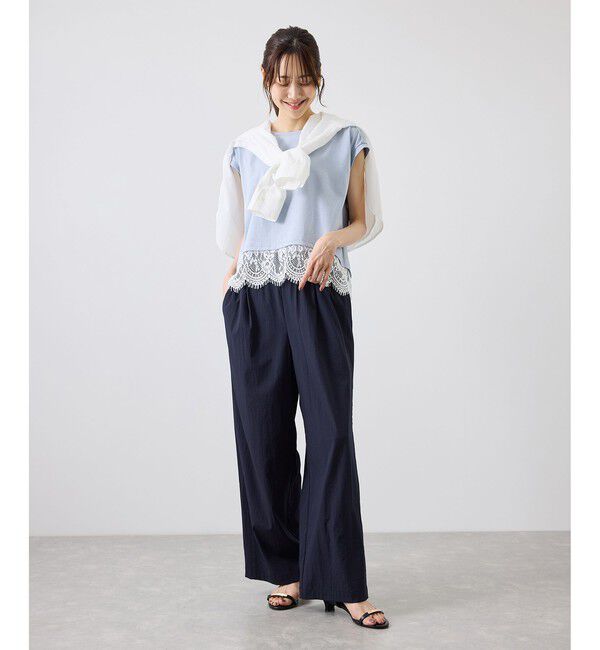 Rope&rsquo;Picnic「レースドッキングフレンチスリーブトップス/UVカット・接触冷感・汗染み防止」|Tシャツ・カットソー|