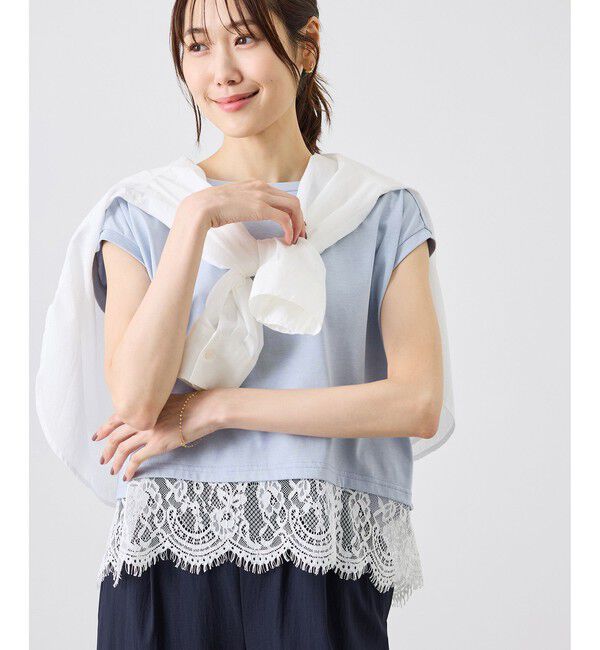 Rope&rsquo;Picnic「レースドッキングフレンチスリーブトップス/UVカット・接触冷感・汗染み防止」|Tシャツ・カットソー|