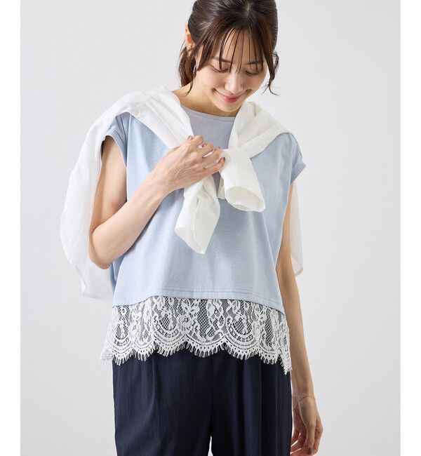 Rope&rsquo;Picnic「レースドッキングフレンチスリーブトップス/UVカット・接触冷感・汗染み防止」|Tシャツ・カットソー|