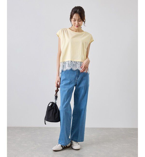 Rope&rsquo;Picnic「レースドッキングフレンチスリーブトップス/UVカット・接触冷感・汗染み防止」|Tシャツ・カットソー|