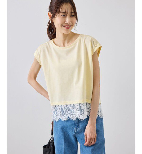 Rope&rsquo;Picnic「レースドッキングフレンチスリーブトップス/UVカット・接触冷感・汗染み防止」|Tシャツ・カットソー|