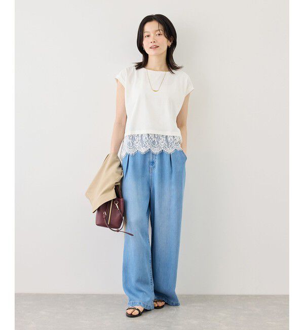 Rope&rsquo;Picnic「レースドッキングフレンチスリーブトップス/UVカット・接触冷感・汗染み防止」|Tシャツ・カットソー|