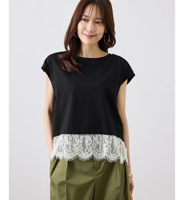 Rope&rsquo;Picnic「レースドッキングフレンチスリーブトップス/UVカット・接触冷感・汗染み防止」|Tシャツ・カットソー|