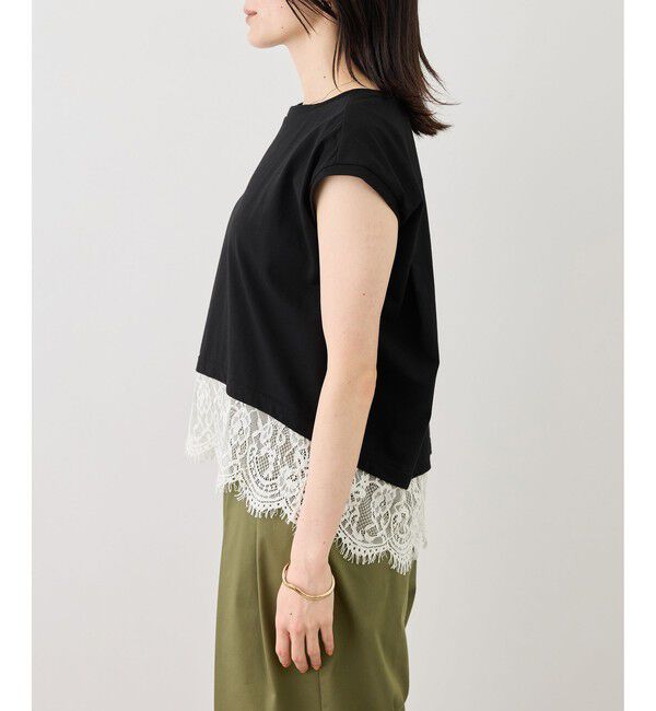 Rope&rsquo;Picnic「レースドッキングフレンチスリーブトップス/UVカット・接触冷感・汗染み防止」|Tシャツ・カットソー|