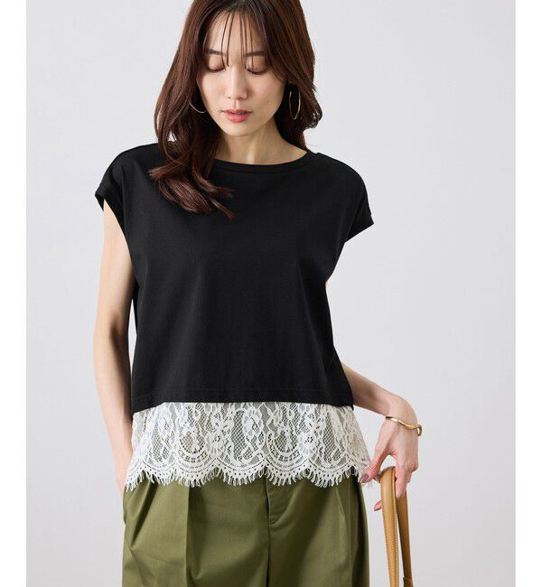 Rope&rsquo;Picnic「レースドッキングフレンチスリーブトップス/UVカット・接触冷感・汗染み防止」|Tシャツ・カットソー|