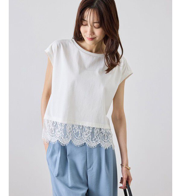 Rope&rsquo;Picnic「レースドッキングフレンチスリーブトップス/UVカット・接触冷感・汗染み防止」|Tシャツ・カットソー|