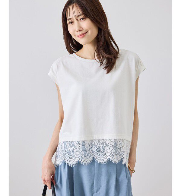 Rope&rsquo;Picnic「レースドッキングフレンチスリーブトップス/UVカット・接触冷感・汗染み防止」|Tシャツ・カットソー|
