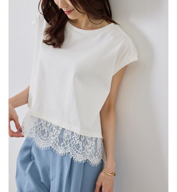 Rope&rsquo;Picnic「レースドッキングフレンチスリーブトップス/UVカット・接触冷感・汗染み防止」|Tシャツ・カットソー|
