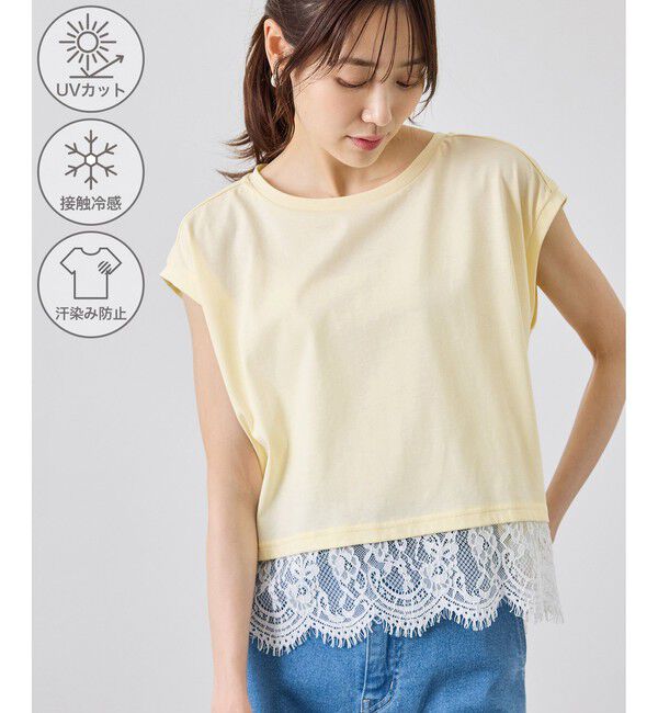 Rope&rsquo;Picnic「レースドッキングフレンチスリーブトップス/UVカット・接触冷感・汗染み防止」|Tシャツ・カットソー|クリーム(83)