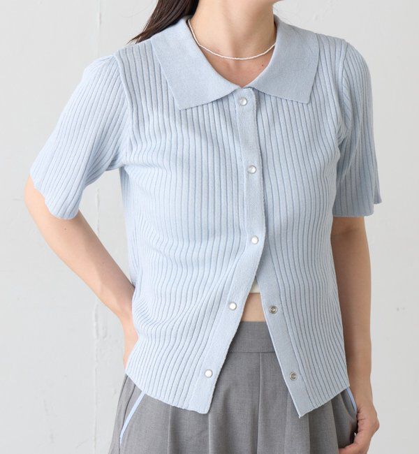  「【新色追加】B パールドットリブニットシャツ」|カーディガン|