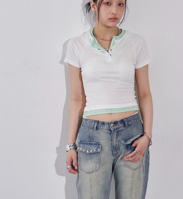  「レースレイヤードリングドットヘンリーTEE」|Tシャツ・カットソー|