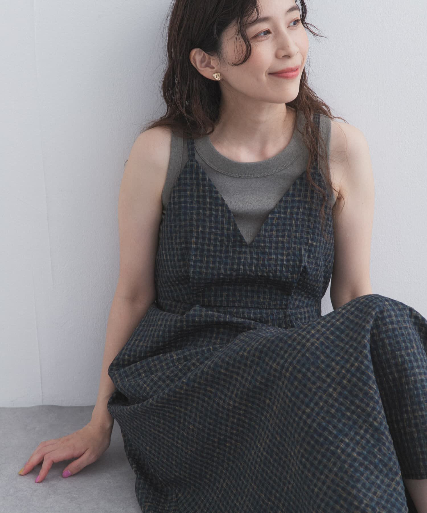 URBAN RESEARCH DOORS「チェックキャミワンピース」|その他|ネイビー