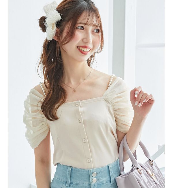  「パールチェーン異素材トップス」|Tシャツ・カットソー|ピンクベージュ