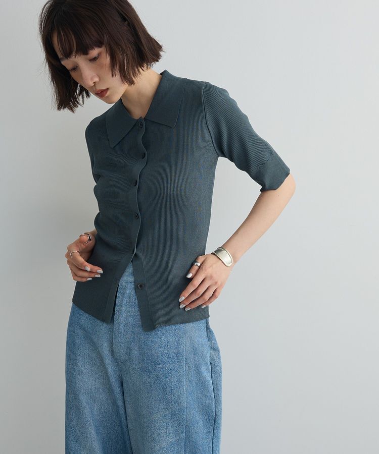 AnriettMusee「ポロ襟5分袖リブニット」|ニット・セーター|Turquoise Blue