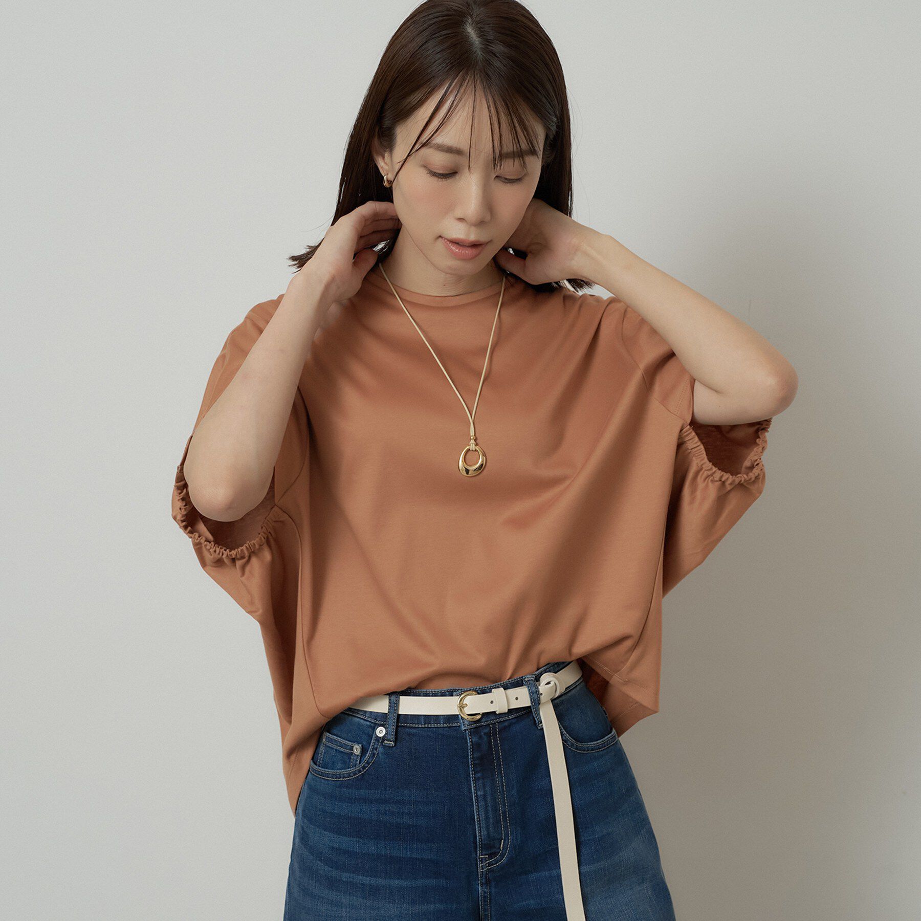 UNTITLED「【汗染み防止/接触冷感】ドルマンプルオーバー」|Tシャツ・カットソー|キャメルブラウン(0