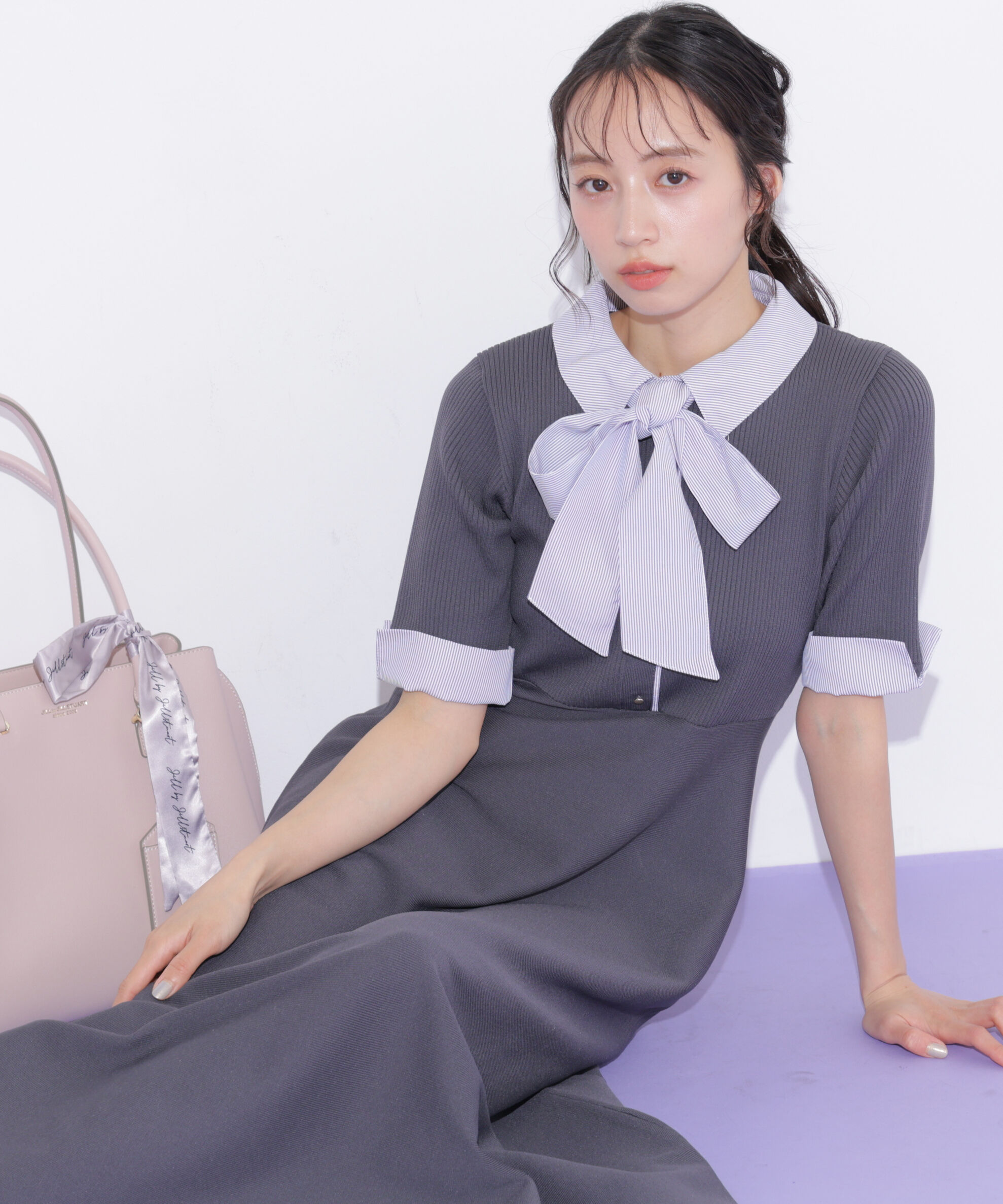  「シャツ襟ドッキングニットワンピース半袖」|ワンピース|