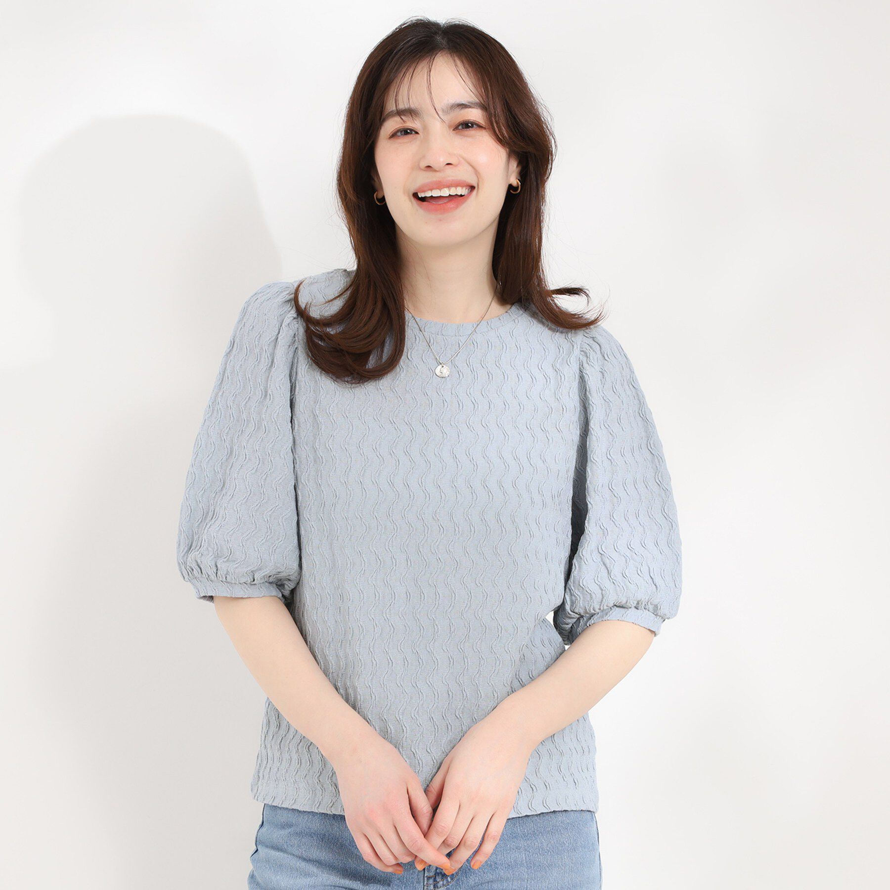 SHOO･LA･RUE「【洗濯機可/S-LL】パフスリーブが女性らしい ウェーブ柄 ジャカードトップス」|Tシャツ・カットソー|