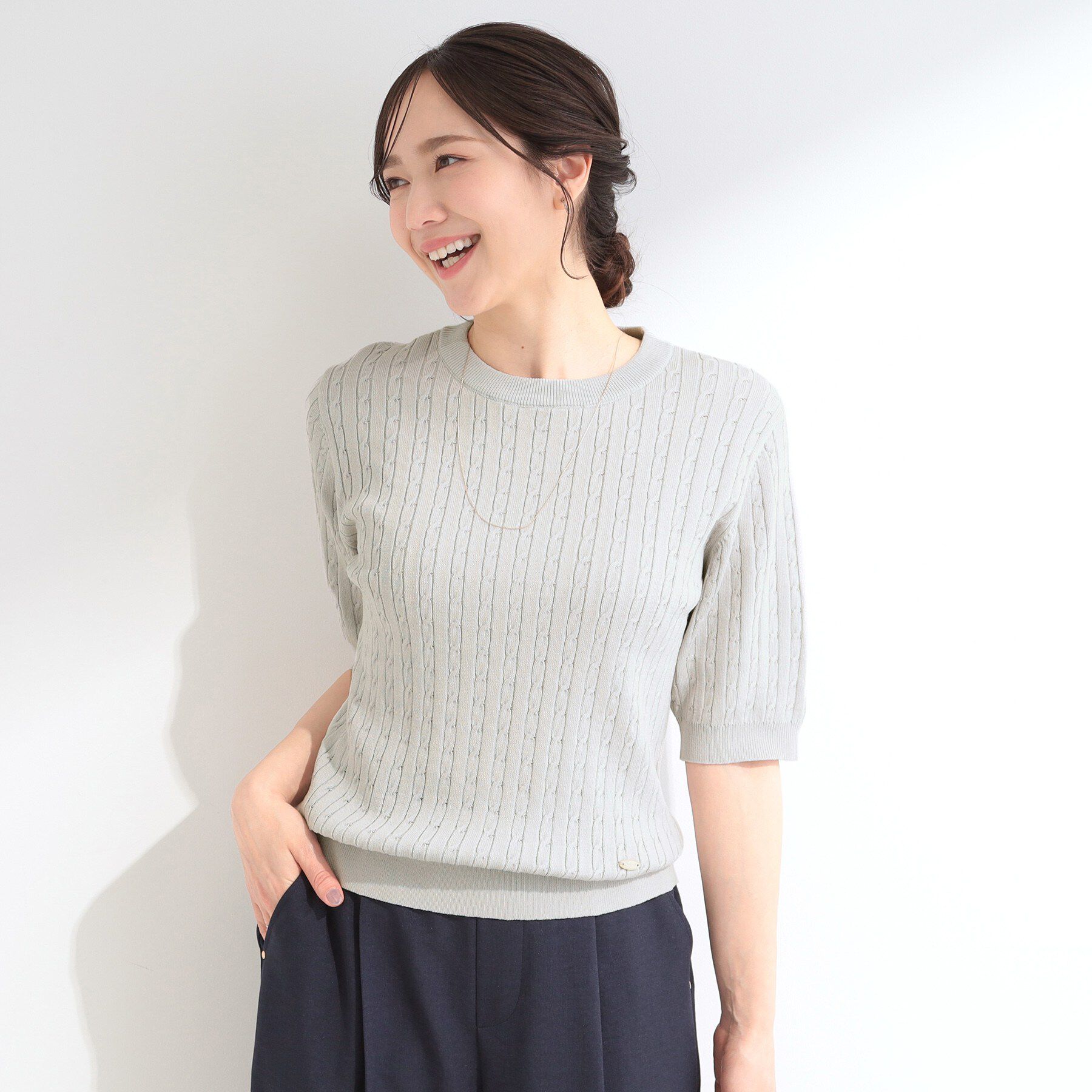 SHOO･LA･RUE「【洗濯機可/S-LL】ミニケーブルで上品に 5分袖ニット」|ニット・セーター|
