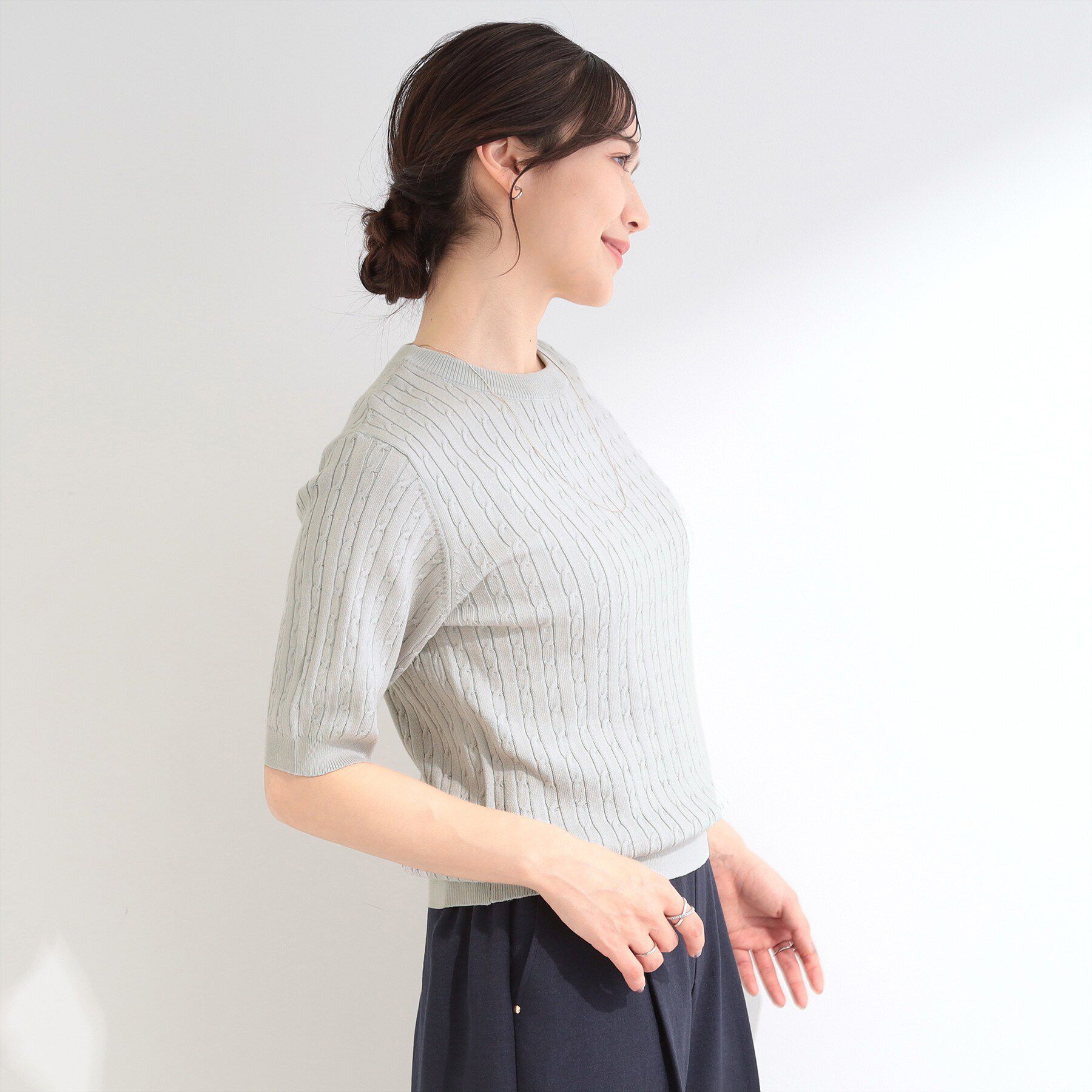 SHOO･LA･RUE「【洗濯機可/S-LL】ミニケーブルで上品に 5分袖ニット」|ニット・セーター|