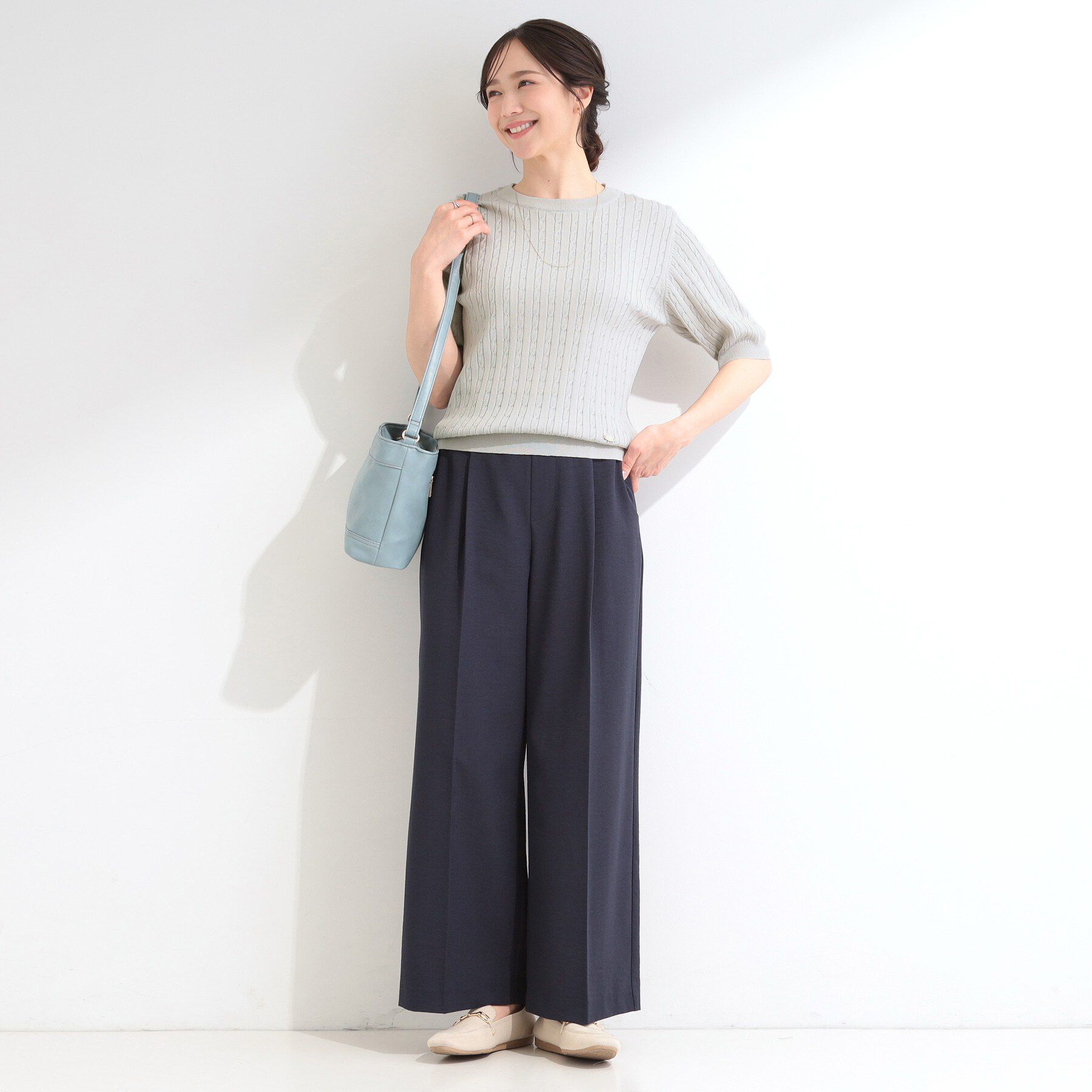 SHOO･LA･RUE「【洗濯機可/S-LL】ミニケーブルで上品に 5分袖ニット」|ニット・セーター|