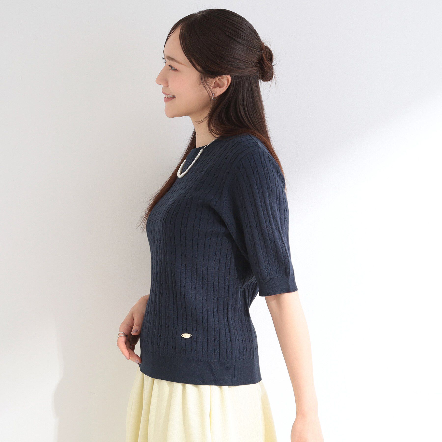 SHOO･LA･RUE「【洗濯機可/S-LL】ミニケーブルで上品に 5分袖ニット」|ニット・セーター|