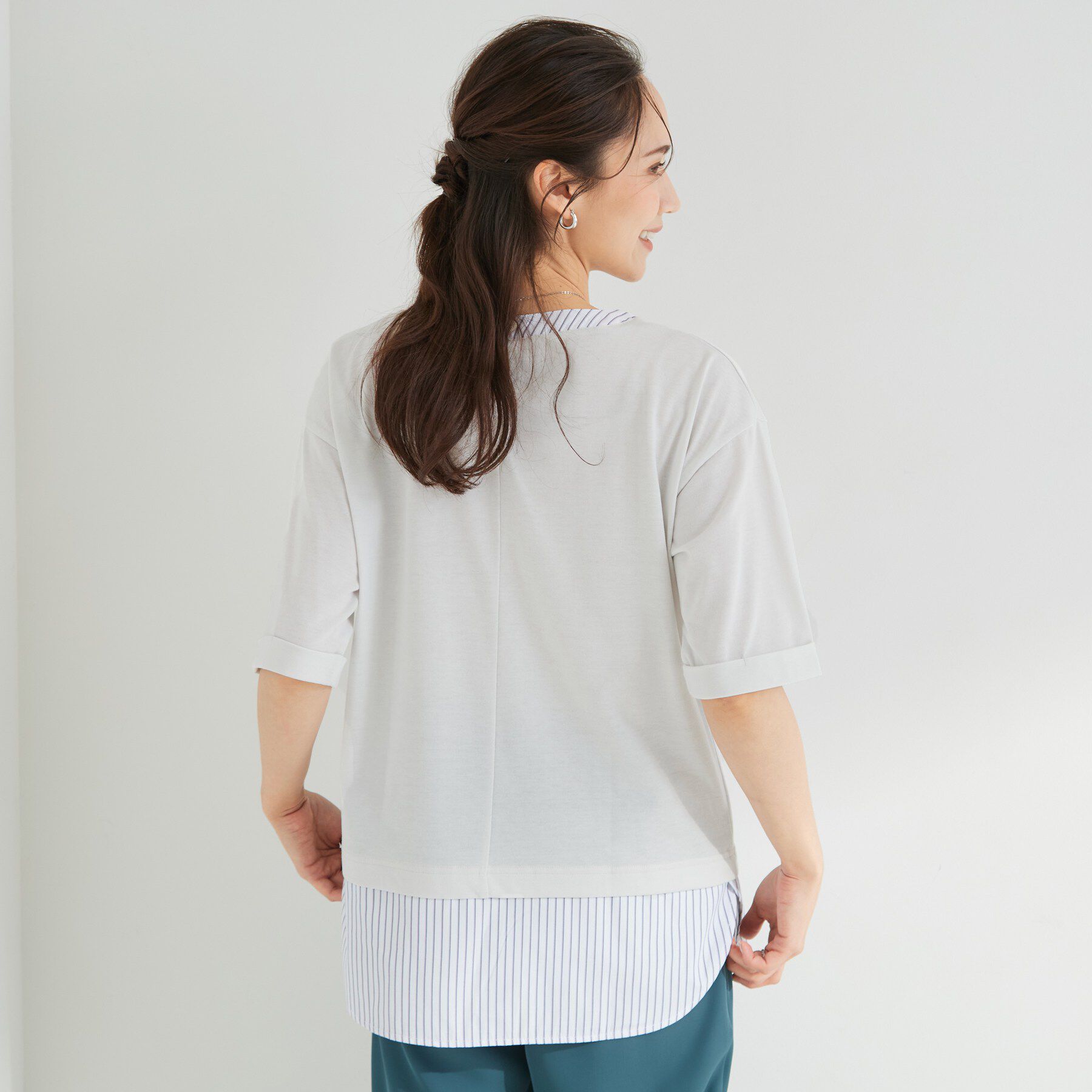 SHOO･LA･RUE「【インせず着られる/二の腕隠れる】重ね着風 シャツドッキングトップス」|Tシャツ・カットソー|