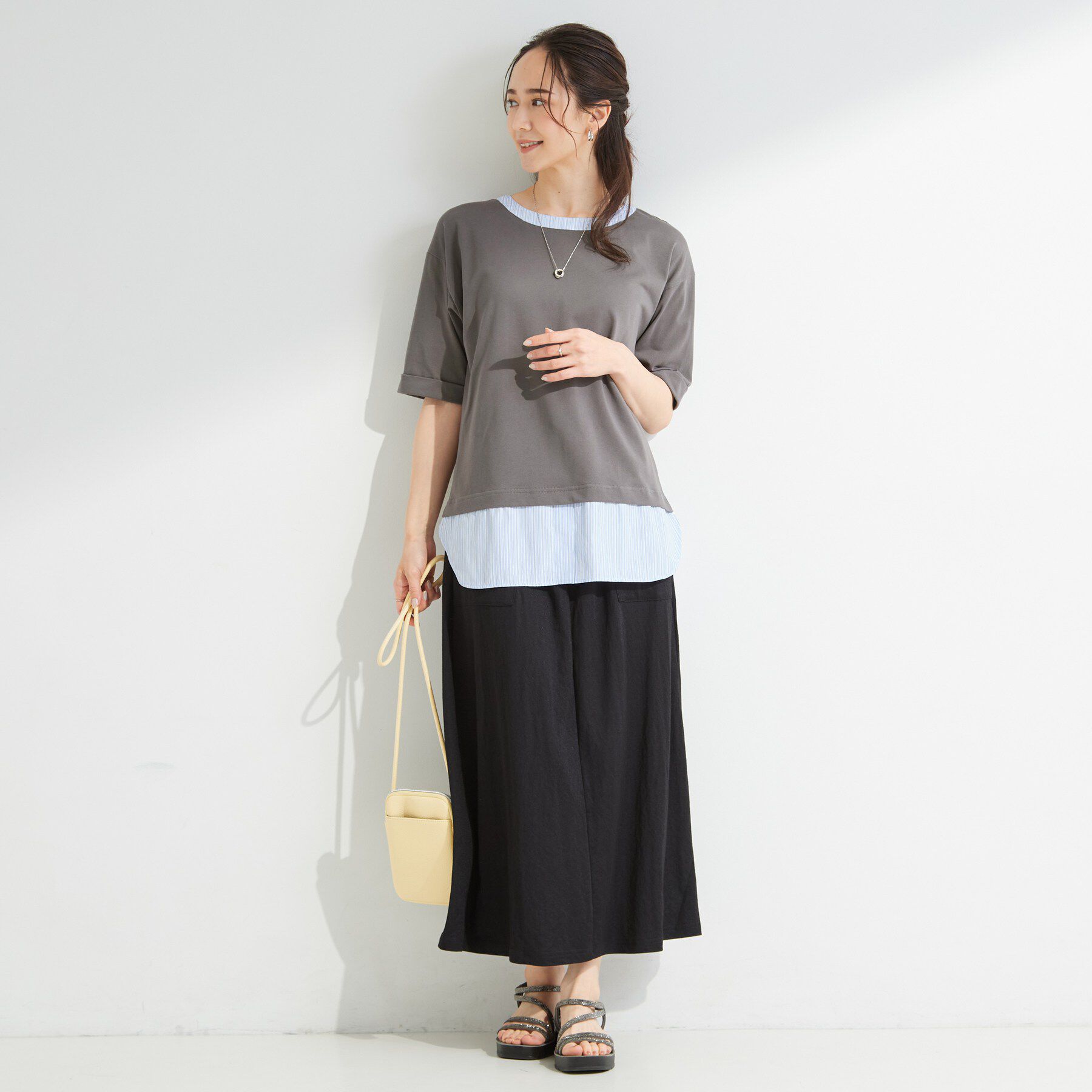 SHOO･LA･RUE「【インせず着られる/二の腕隠れる】重ね着風 シャツドッキングトップス」|Tシャツ・カットソー|