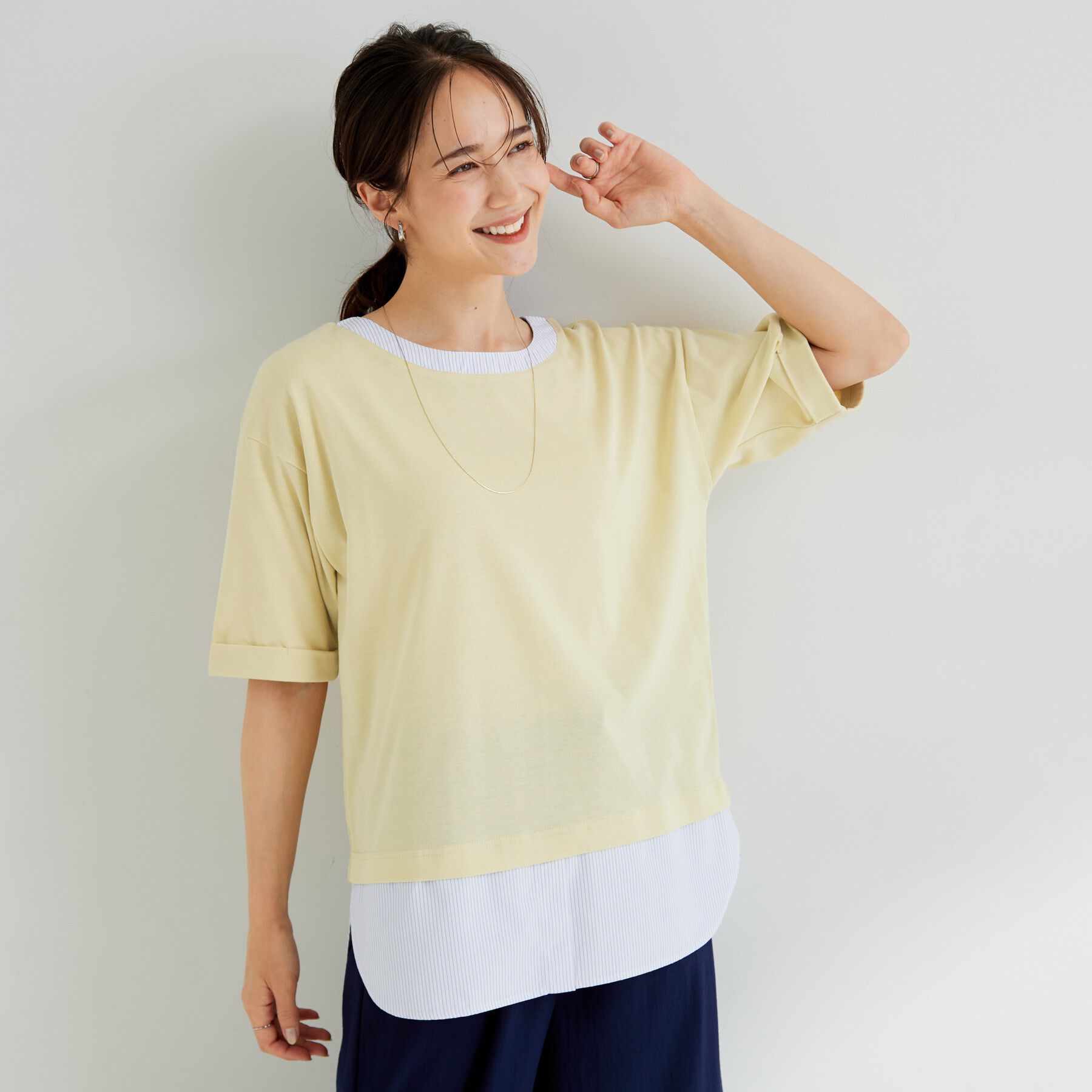 SHOO･LA･RUE「【インせず着られる/二の腕隠れる】重ね着風 シャツドッキングトップス」|Tシャツ・カットソー|