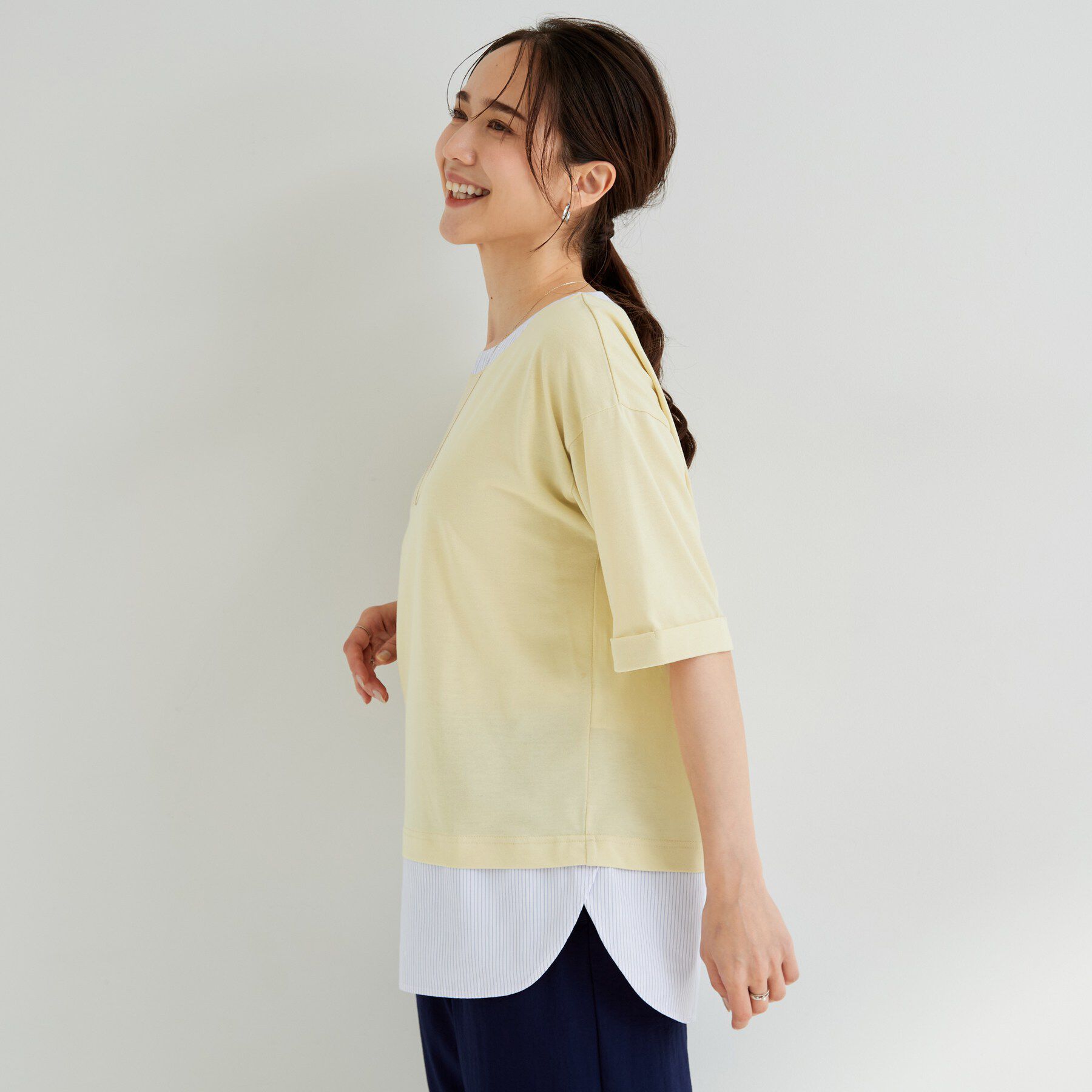 SHOO･LA･RUE「【インせず着られる/二の腕隠れる】重ね着風 シャツドッキングトップス」|Tシャツ・カットソー|