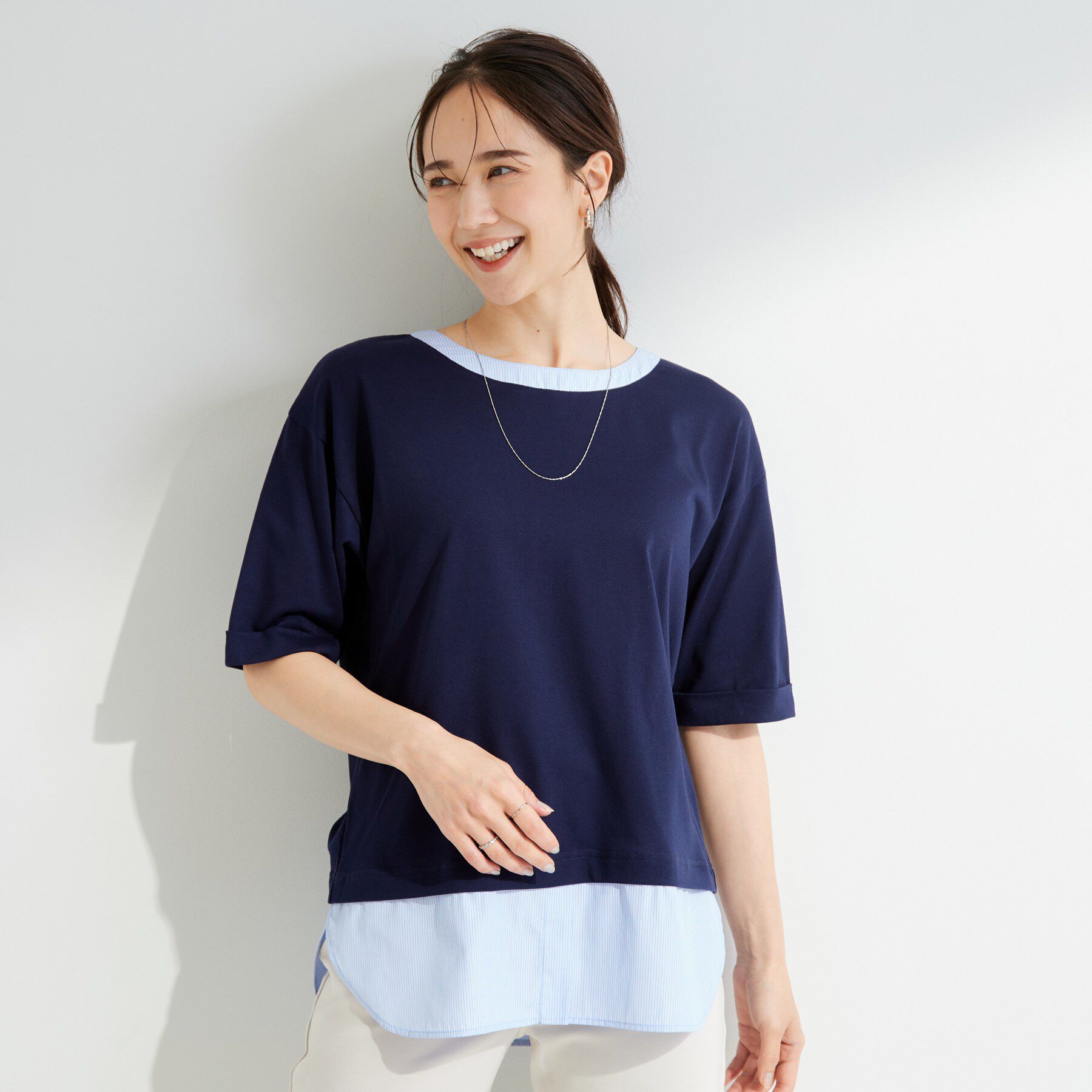 SHOO･LA･RUE「【インせず着られる/二の腕隠れる】重ね着風 シャツドッキングトップス」|Tシャツ・カットソー|