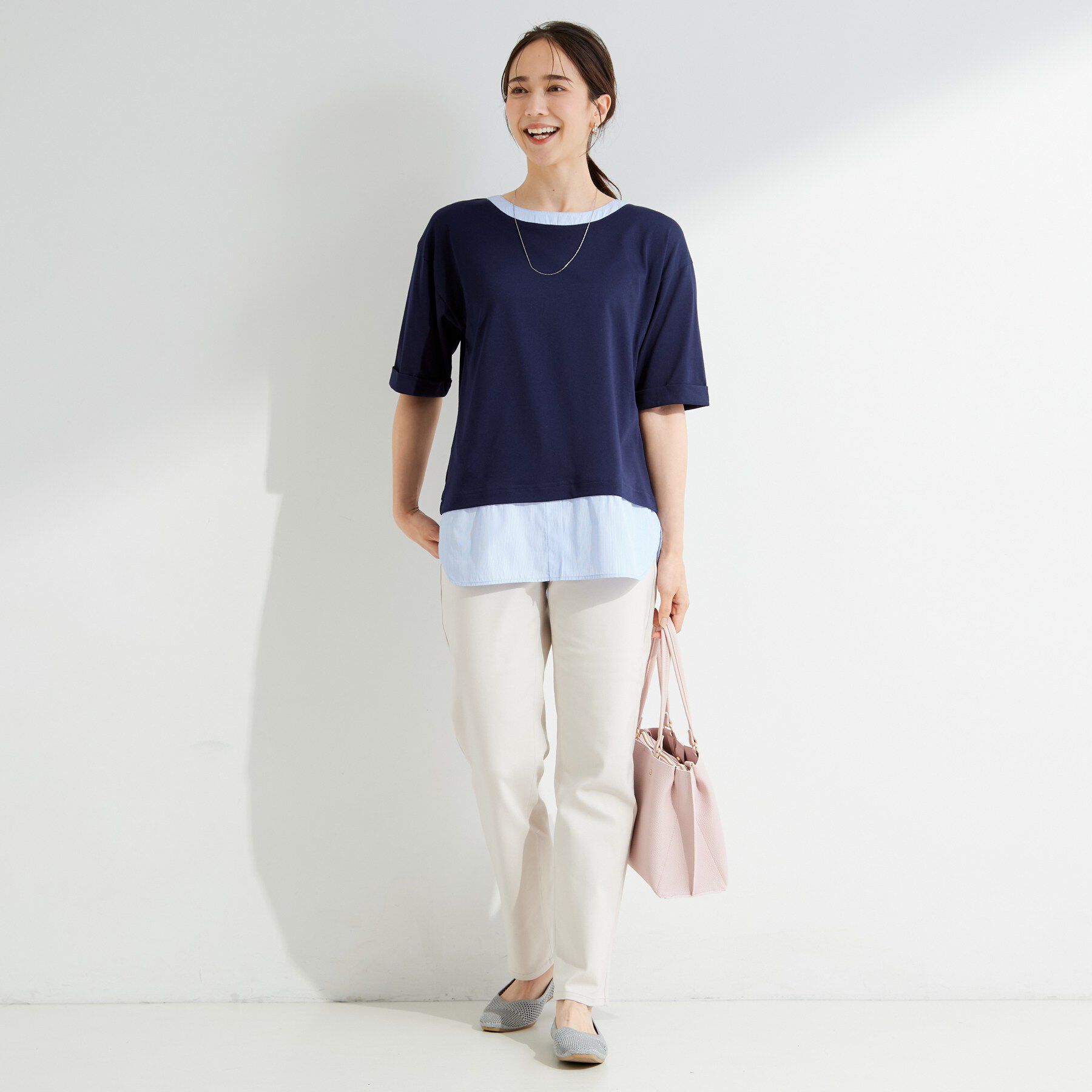 SHOO･LA･RUE「【インせず着られる/二の腕隠れる】重ね着風 シャツドッキングトップス」|Tシャツ・カットソー|