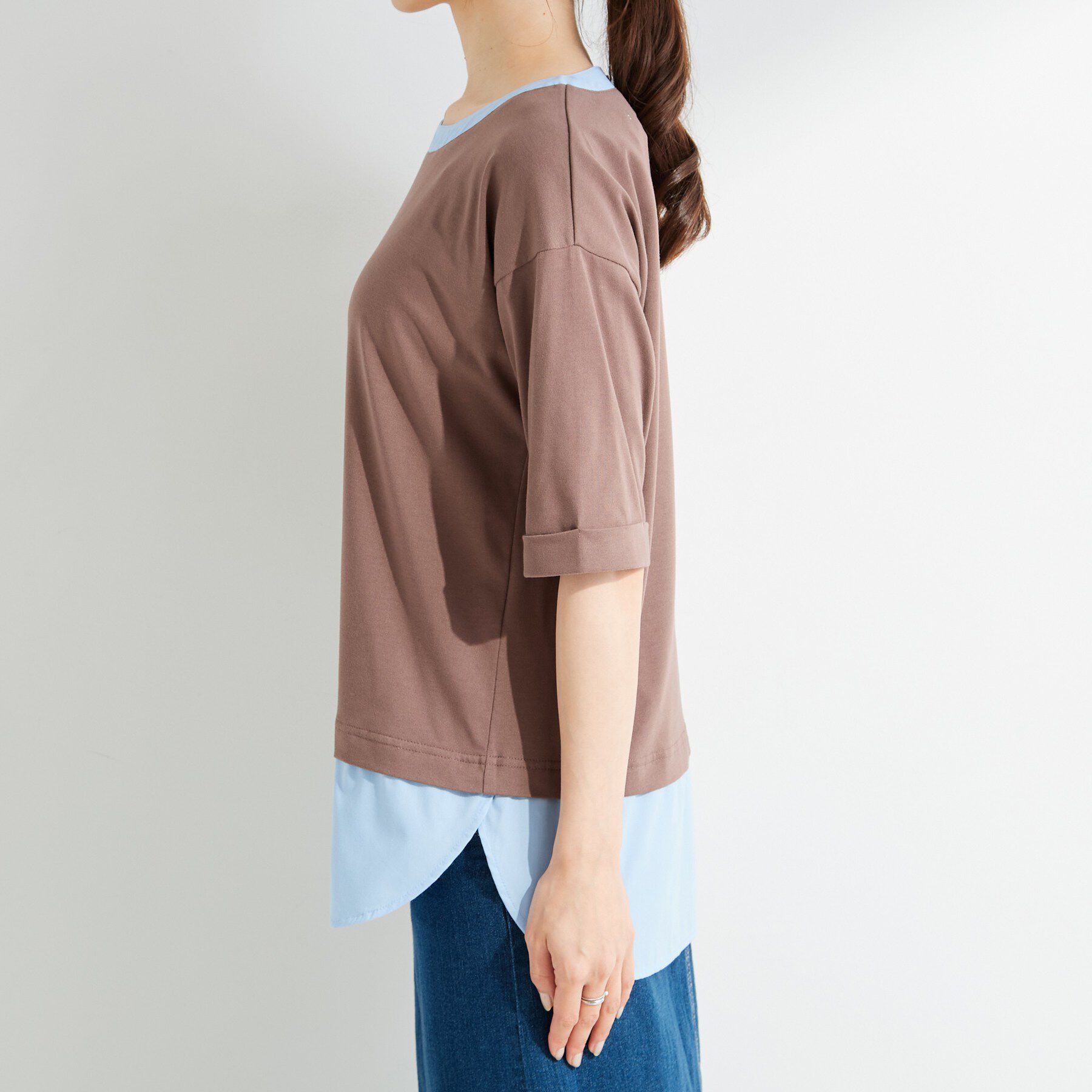 SHOO･LA･RUE「【インせず着られる/二の腕隠れる】重ね着風 シャツドッキングトップス」|Tシャツ・カットソー|