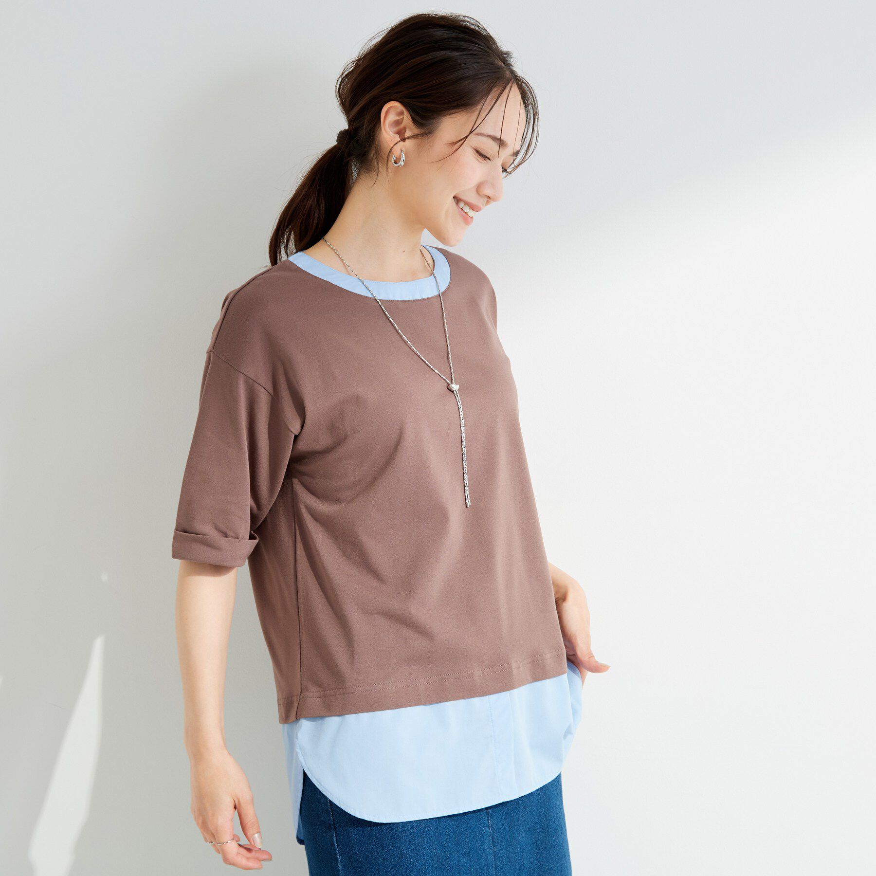 SHOO･LA･RUE「【インせず着られる/二の腕隠れる】重ね着風 シャツドッキングトップス」|Tシャツ・カットソー|